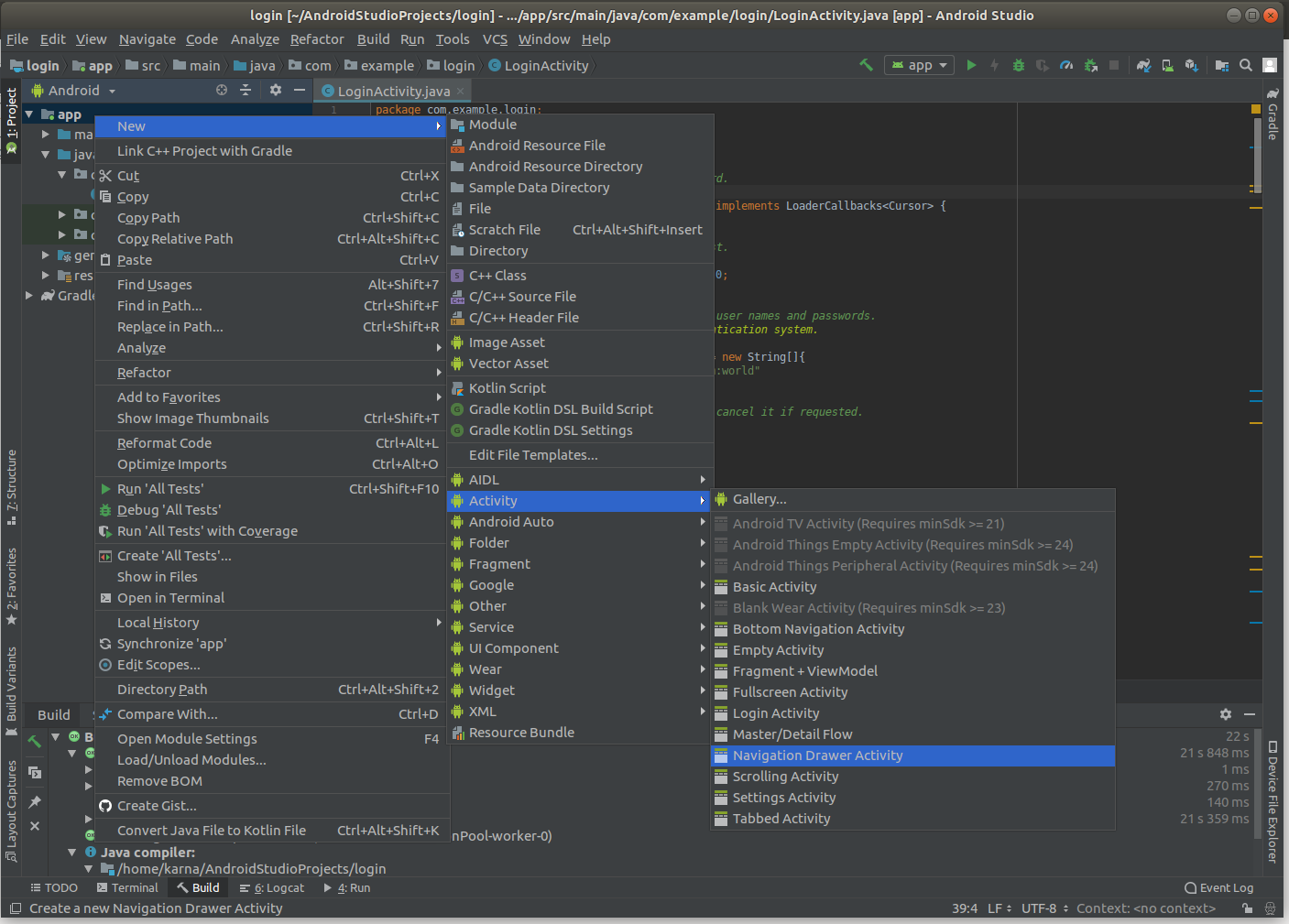 how to change activity android studio intent